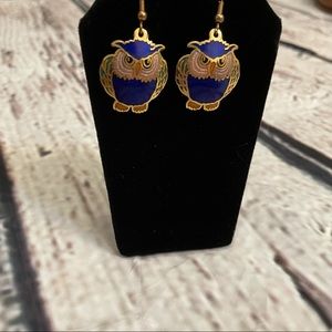 Cloisonné Owl Dangle Earrings, vintage